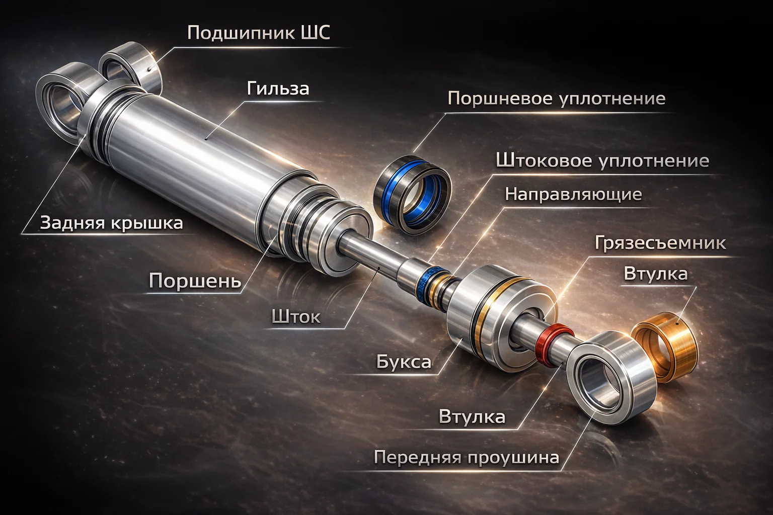 Гидроцилиндр в разрезе с установленными уплотнениями